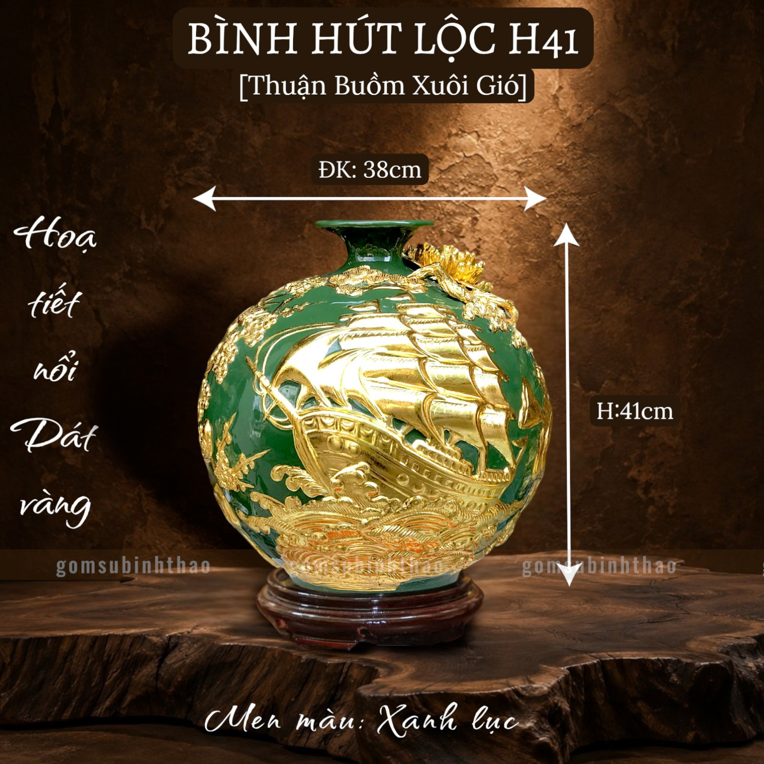  Bình phong thủy thu hút tài lộc Gốm sứ Bát Tràng dát vàng cao cấp HLVHTBDV 