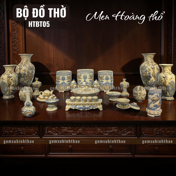  Bộ đồ thờ 3 Bát hương Gốm sứ Bát Tràng Men Hoàng thổ Đắp nổi - Hàng chuẩn Nghệ nhân HTBT05 