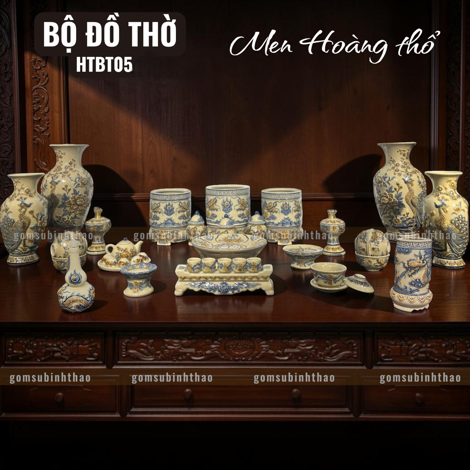  Bộ đồ thờ 3 Bát hương Gốm sứ Bát Tràng Men Hoàng thổ Đắp nổi - Hàng chuẩn Nghệ nhân HTBT05 