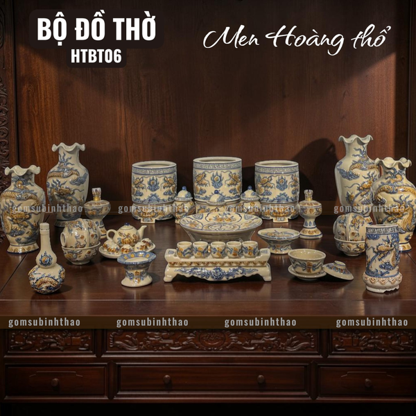  Bộ đồ thờ 3 Bát hương Gốm sứ Bát Tràng Men Hoàng thổ Đắp nổi - Hàng chuẩn Nghệ nhân HTBT06 