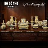  Bộ đồ thờ 1 Bát hương Gốm sứ Bát Tràng Men Hoàng thổ Đắp nổi - Hàng chuẩn Nghệ nhân HTBT07 