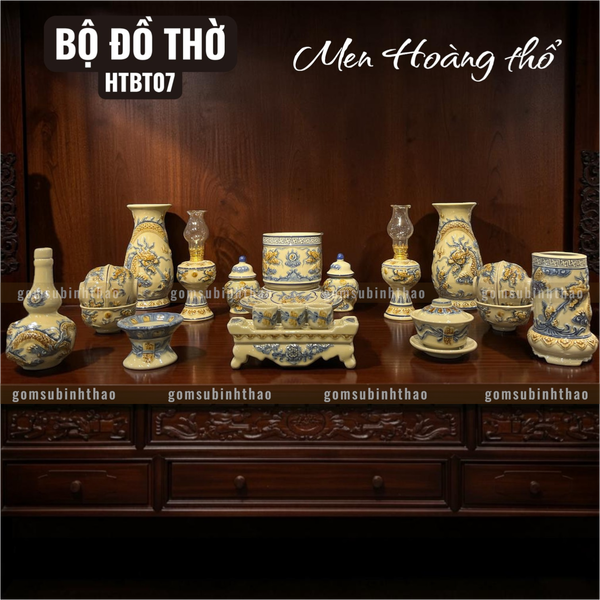  Bộ đồ thờ 1 Bát hương Gốm sứ Bát Tràng Men Hoàng thổ Đắp nổi - Hàng chuẩn Nghệ nhân HTBT07 