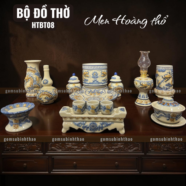  Bộ đồ thờ 1 Bát hương Gốm sứ Bát Tràng Men Hoàng thổ Đắp nổi - Hàng chuẩn Nghệ nhân HTBT08 