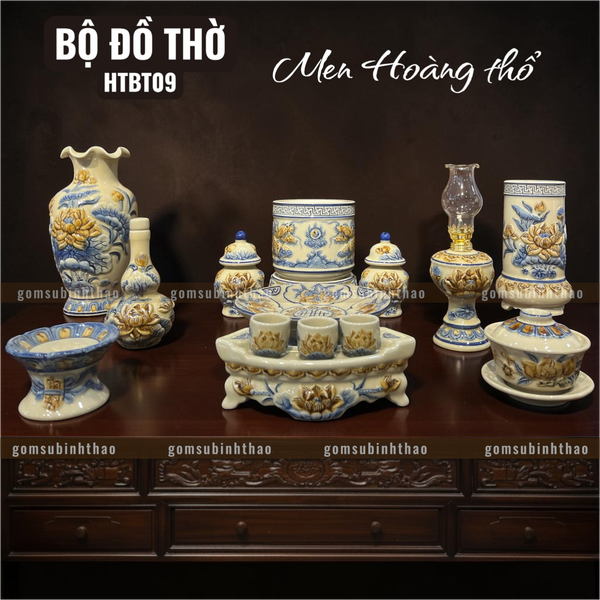  Bộ đồ thờ 1 Bát hương Gốm sứ Bát Tràng Men Hoàng thổ Đắp nổi - Hàng chuẩn Nghệ nhân HTBT09 