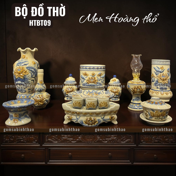  Bộ đồ thờ 1 Bát hương Gốm sứ Bát Tràng Men Hoàng thổ Đắp nổi - Hàng chuẩn Nghệ nhân HTBT09 
