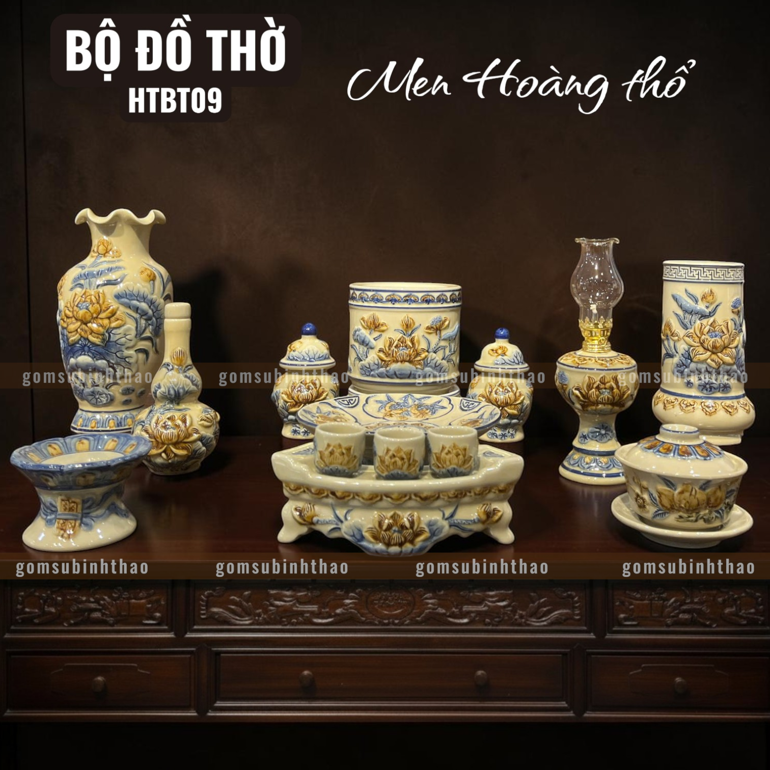  Bộ đồ thờ 1 Bát hương Gốm sứ Bát Tràng Men Hoàng thổ Đắp nổi - Hàng chuẩn Nghệ nhân HTBT09 