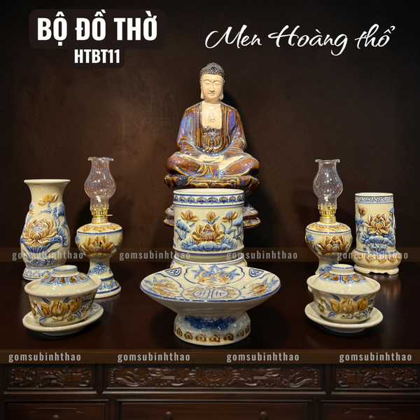  Bộ đồ thờ Phật Gốm sứ Bát Tràng Men Hoàng thổ Đắp nổi - Hàng chuẩn Nghệ nhân HTBT11 
