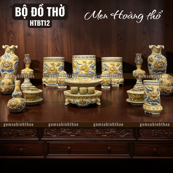  Bộ đồ thờ 3 Bát hương Gốm sứ Bát Tràng Men Hoàng thổ Đắp nổi - Hàng chuẩn Nghệ nhân HTBT12 