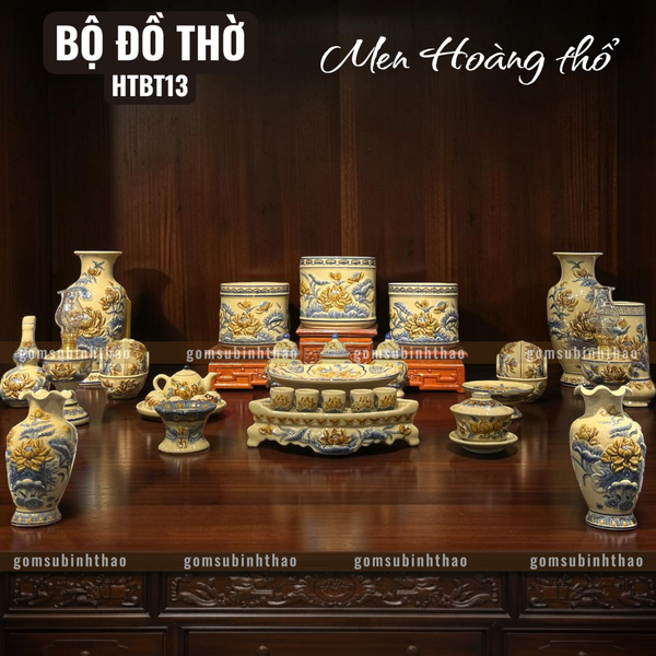  Bộ đồ thờ 3 Bát hương Gốm sứ Bát Tràng Men Hoàng thổ Đắp nổi - Hàng chuẩn Nghệ nhân HTBT13 