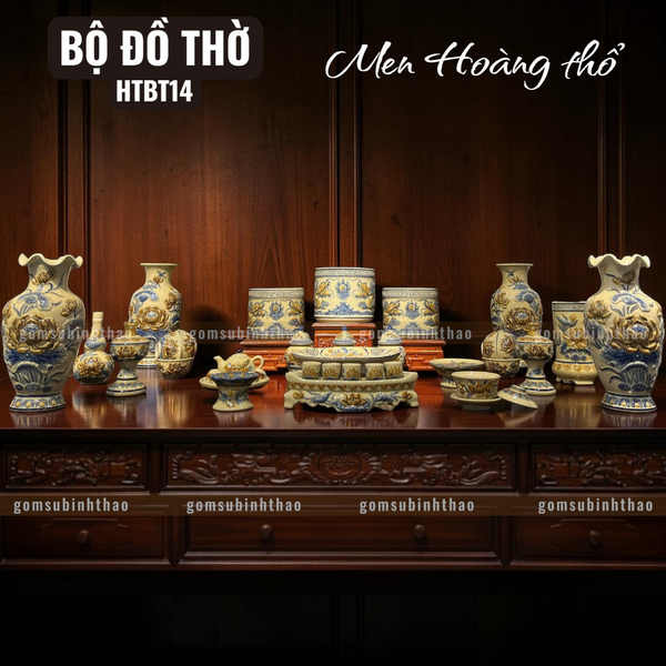  Bộ đồ thờ 3 Bát hương Gốm sứ Bát Tràng Men Hoàng thổ Đắp nổi - Hàng chuẩn Nghệ nhân HTBT14 