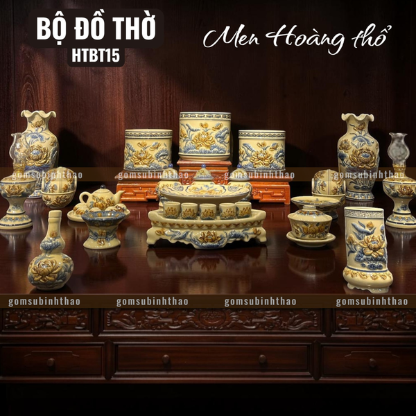  Bộ đồ thờ 3 Bát hương Gốm sứ Bát Tràng Men Hoàng thổ Đắp nổi - Hàng chuẩn Nghệ nhân HTBT15 