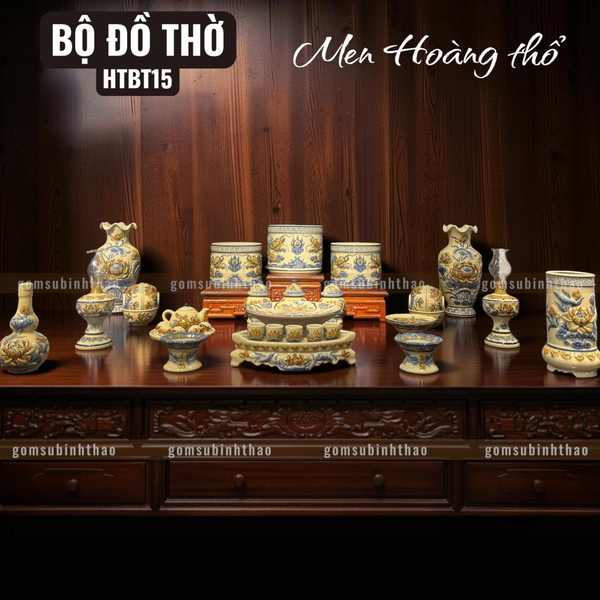  Bộ đồ thờ 3 Bát hương Gốm sứ Bát Tràng Men Hoàng thổ Đắp nổi - Hàng chuẩn Nghệ nhân HTBT15 