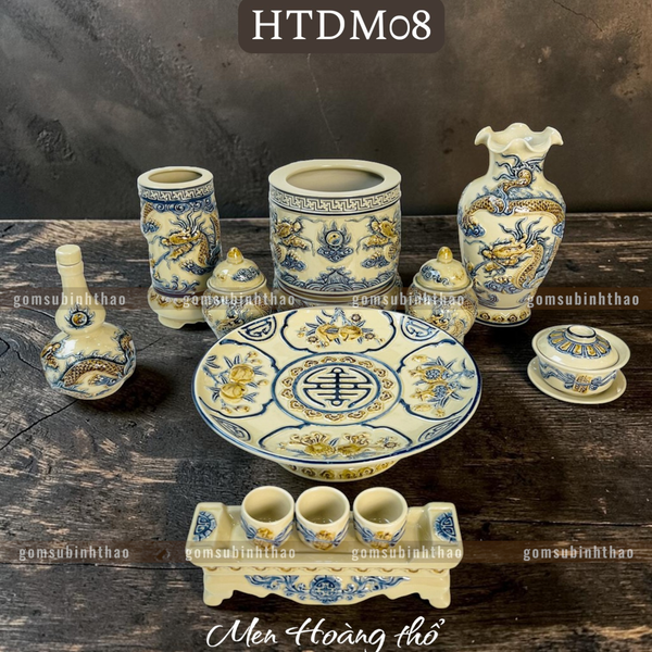  Bộ Đồ thờ Chung cư Men Hoàng Thổ đắp nổi Gốm Nghệ nhân Bát Tràng HTDM08 