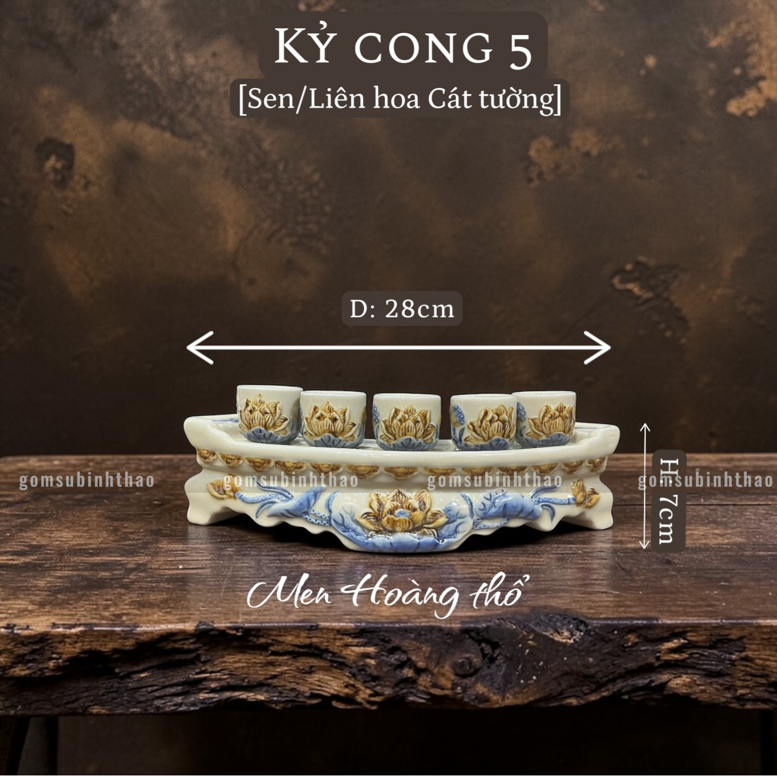  Kỷ thờ - Kỷ cong Sen Men hoàng thổ Đắp nổi Cao cấp - Gốm Nghệ nhân Bát Tràng 