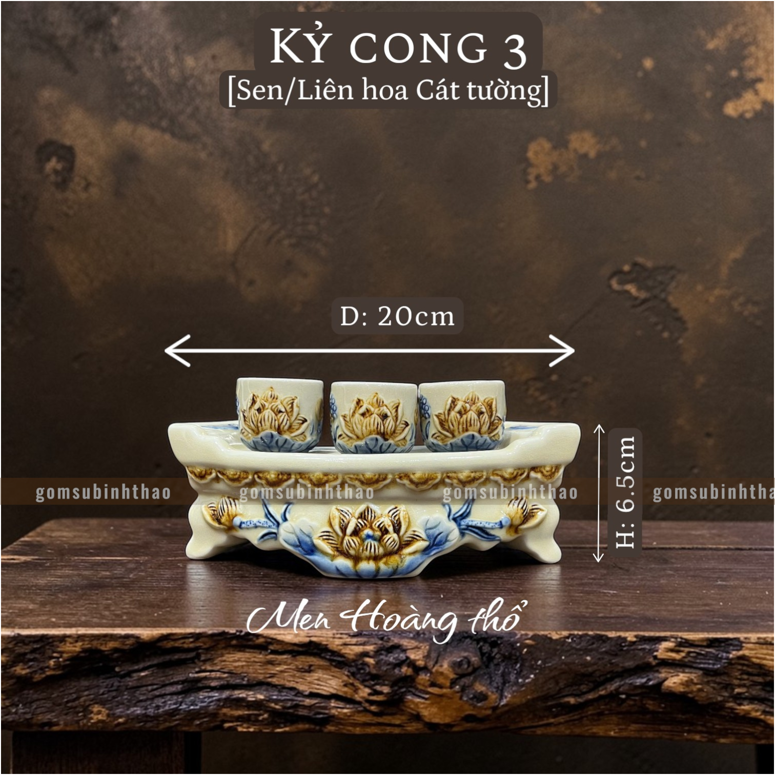  Kỷ thờ - Kỷ cong Sen Men hoàng thổ Đắp nổi Cao cấp - Gốm Nghệ nhân Bát Tràng 