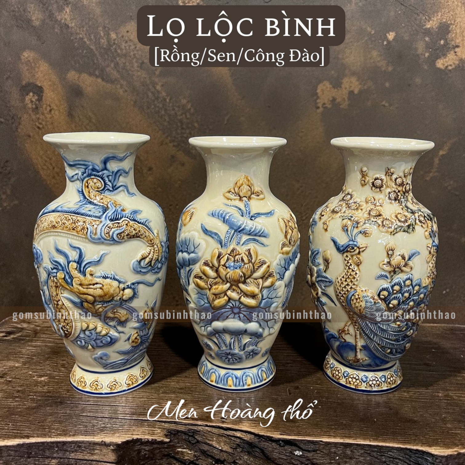  Bộ đồ thờ 3 Bát hương Gốm sứ Bát Tràng Men Hoàng thổ Đắp nổi - Hàng chuẩn Nghệ nhân HTBT05 