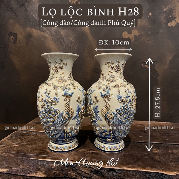  Lọ lộc bình Công đào Men hoàng thổ Đắp nổi Cao cấp - Gốm Nghệ nhân Bát Tràng 