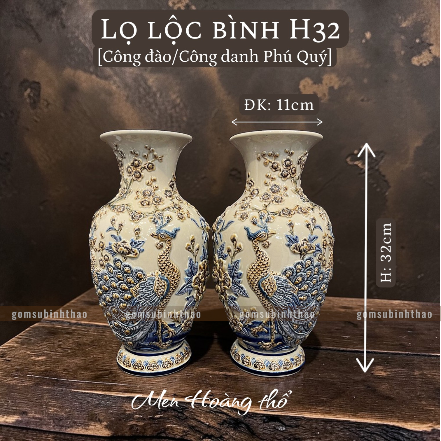  Lọ lộc bình Công đào Men hoàng thổ Đắp nổi Cao cấp - Gốm Nghệ nhân Bát Tràng 