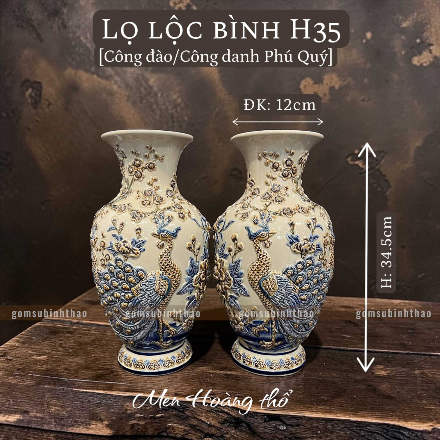  Lọ lộc bình Công đào Men hoàng thổ Đắp nổi Cao cấp - Gốm Nghệ nhân Bát Tràng 