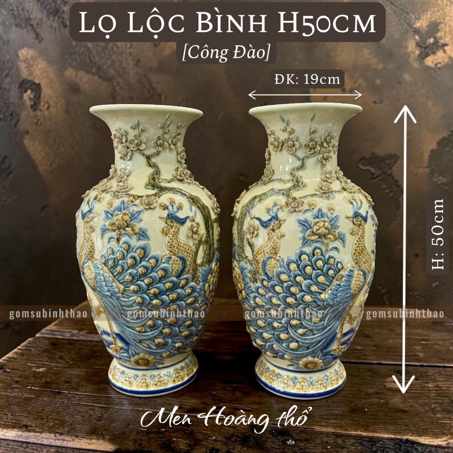  Lọ lộc bình Công đào Men hoàng thổ Đắp nổi Cao cấp - Gốm Nghệ nhân Bát Tràng 