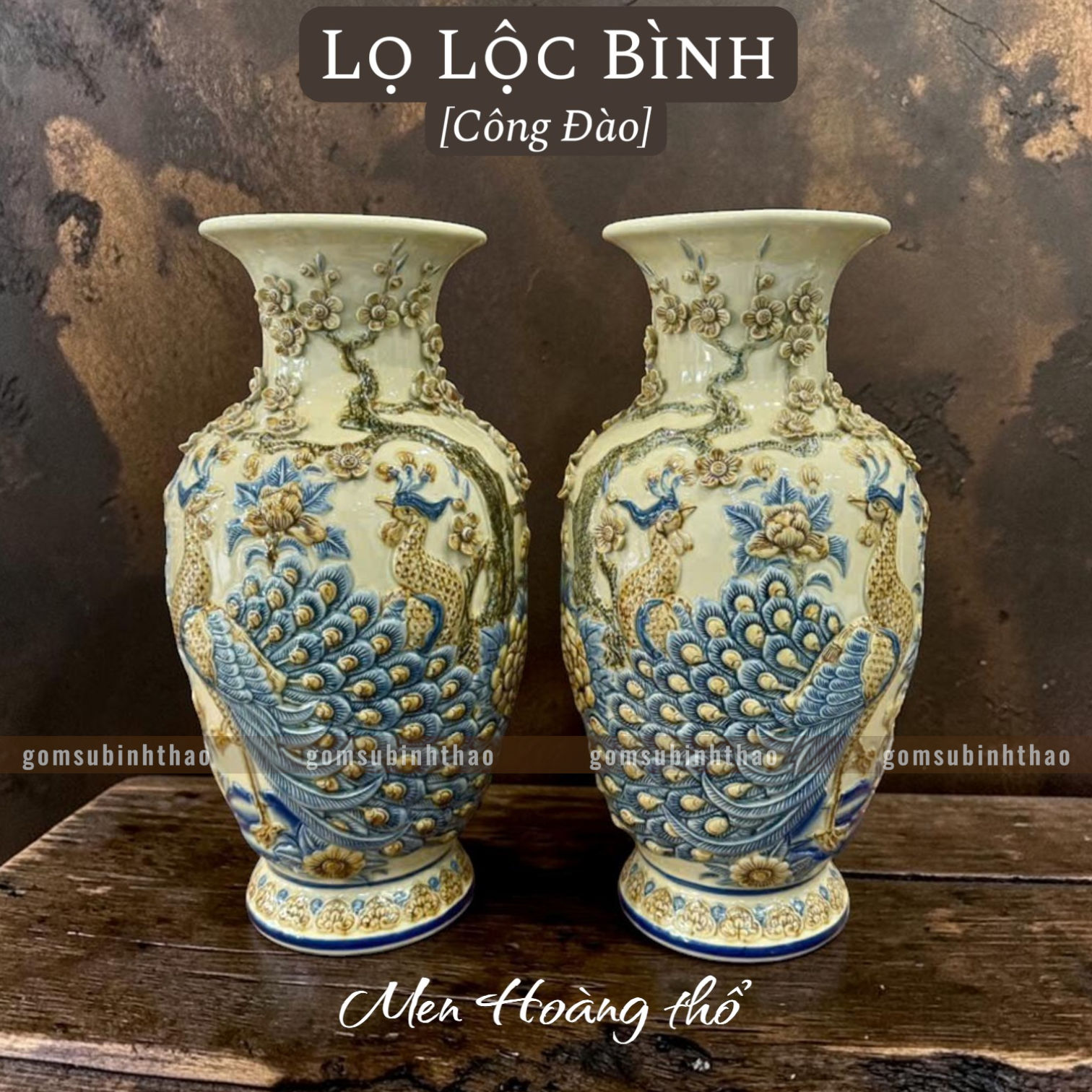  Lọ lộc bình Công đào Men hoàng thổ Đắp nổi Cao cấp - Gốm Nghệ nhân Bát Tràng 