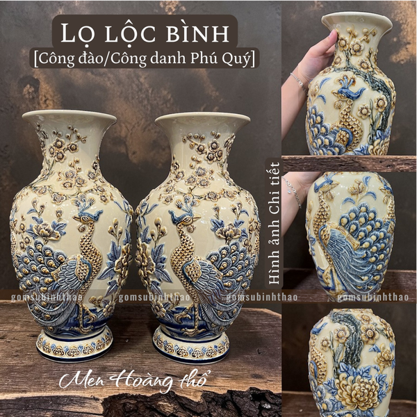  Lọ lộc bình Công đào Men hoàng thổ Đắp nổi Cao cấp - Gốm Nghệ nhân Bát Tràng 