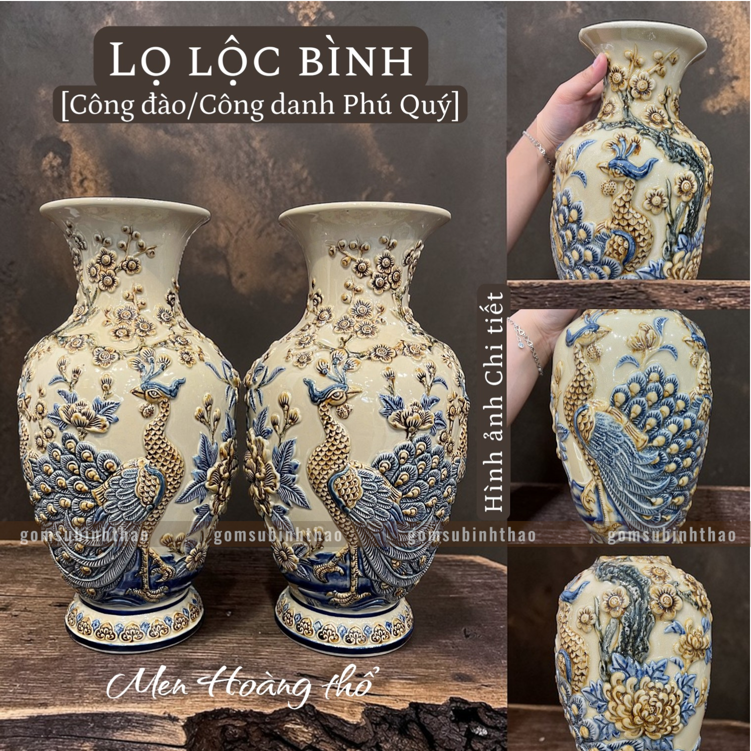  Lọ lộc bình Công đào Men hoàng thổ Đắp nổi Cao cấp - Gốm Nghệ nhân Bát Tràng 
