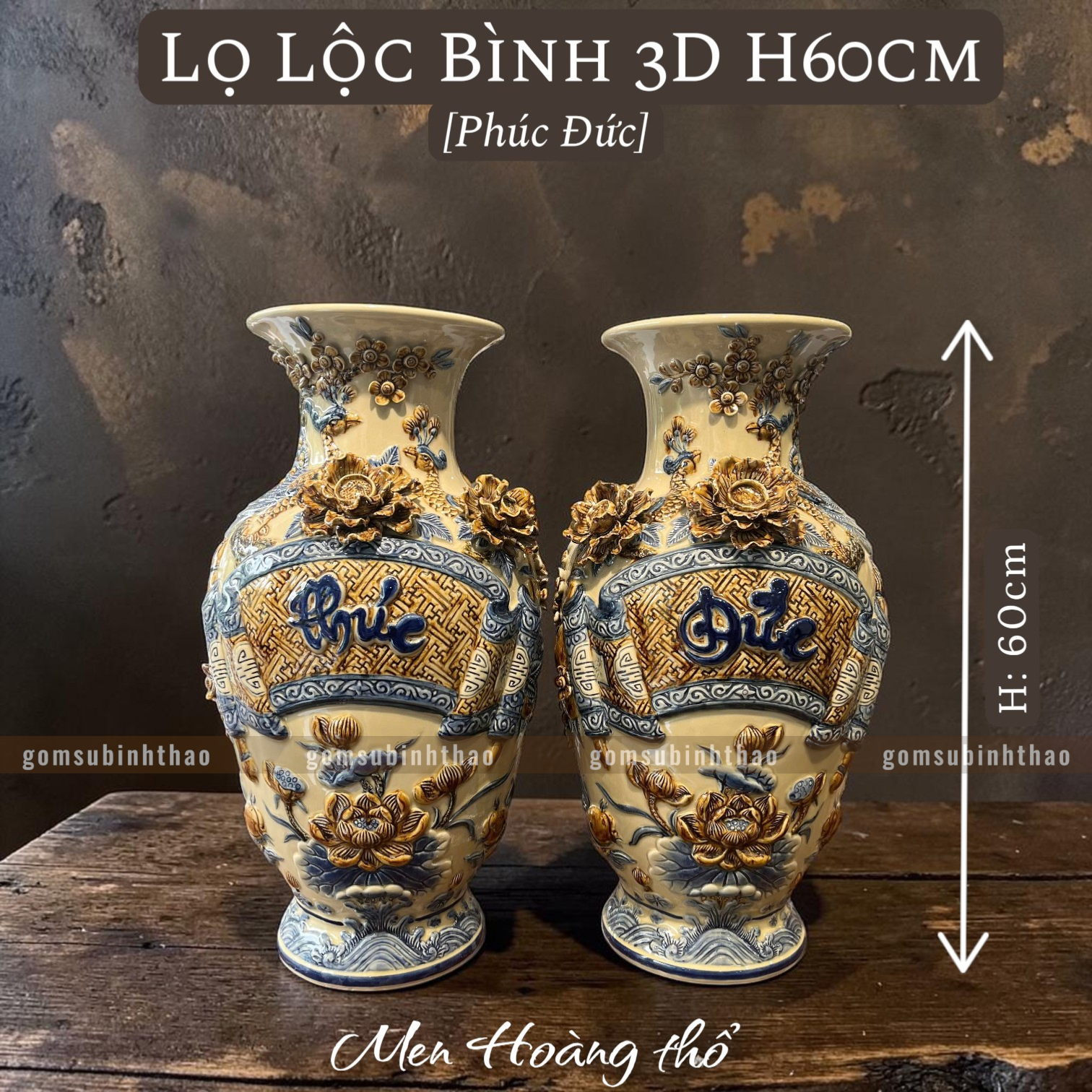  Lọ lộc bình Phúc Đức Men hoàng thổ Đắp nổi 3D Cao cấp - Gốm Nghệ nhân Bát Tràng 