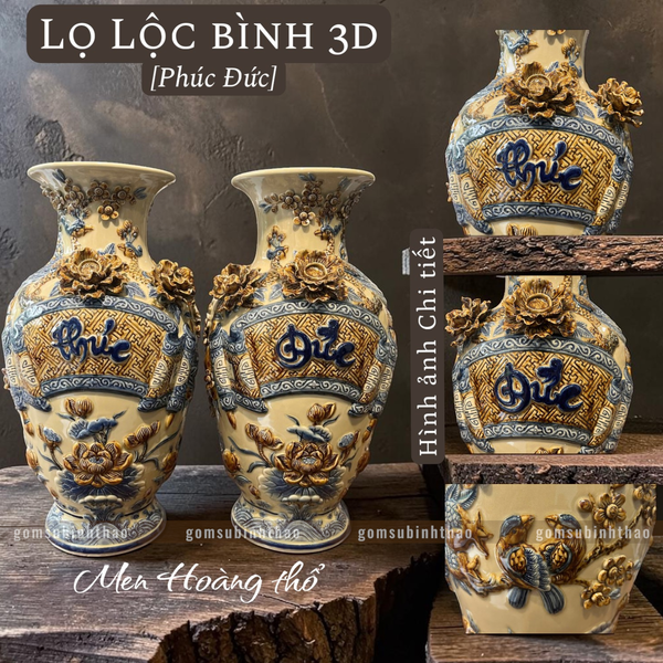  Lọ lộc bình Phúc Đức Men hoàng thổ Đắp nổi 3D Cao cấp - Gốm Nghệ nhân Bát Tràng 