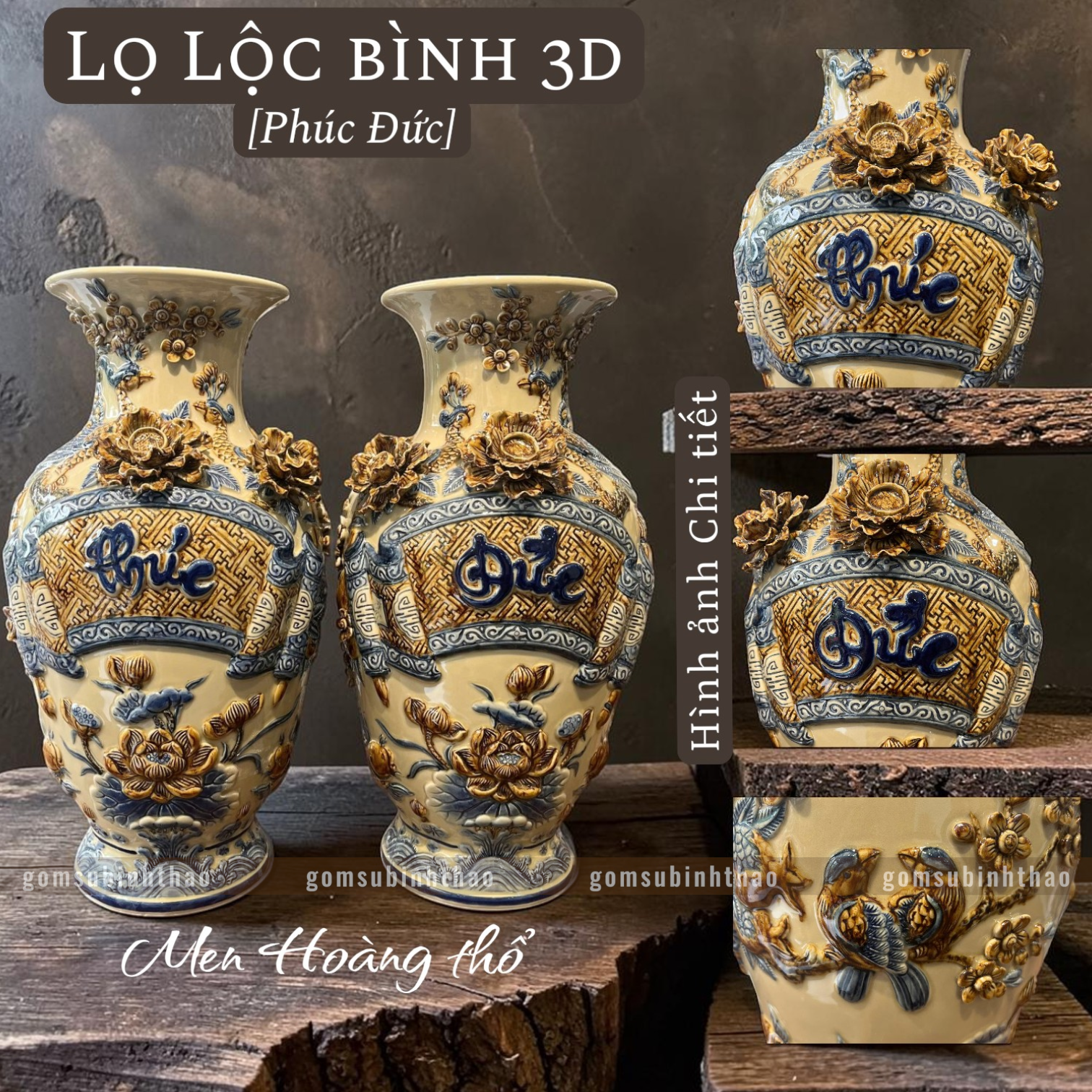  Lọ lộc bình Phúc Đức Men hoàng thổ Đắp nổi 3D Cao cấp - Gốm Nghệ nhân Bát Tràng 