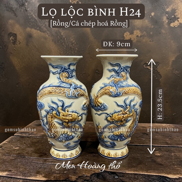  Lọ lộc bình Rồng Men hoàng thổ Đắp nổi Cao cấp - Gốm Nghệ nhân Bát Tràng 