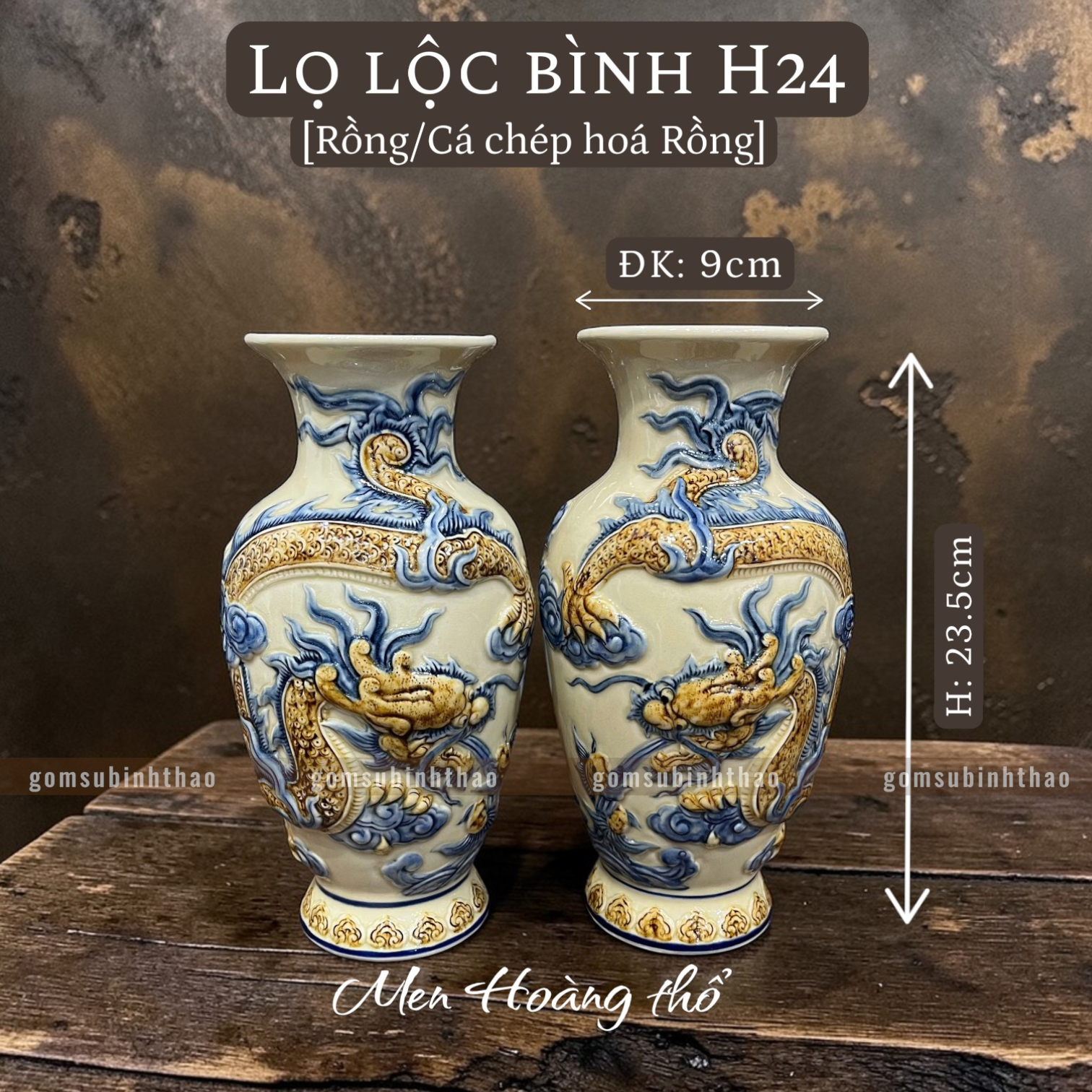  Lọ lộc bình Rồng Men hoàng thổ Đắp nổi Cao cấp - Gốm Nghệ nhân Bát Tràng 