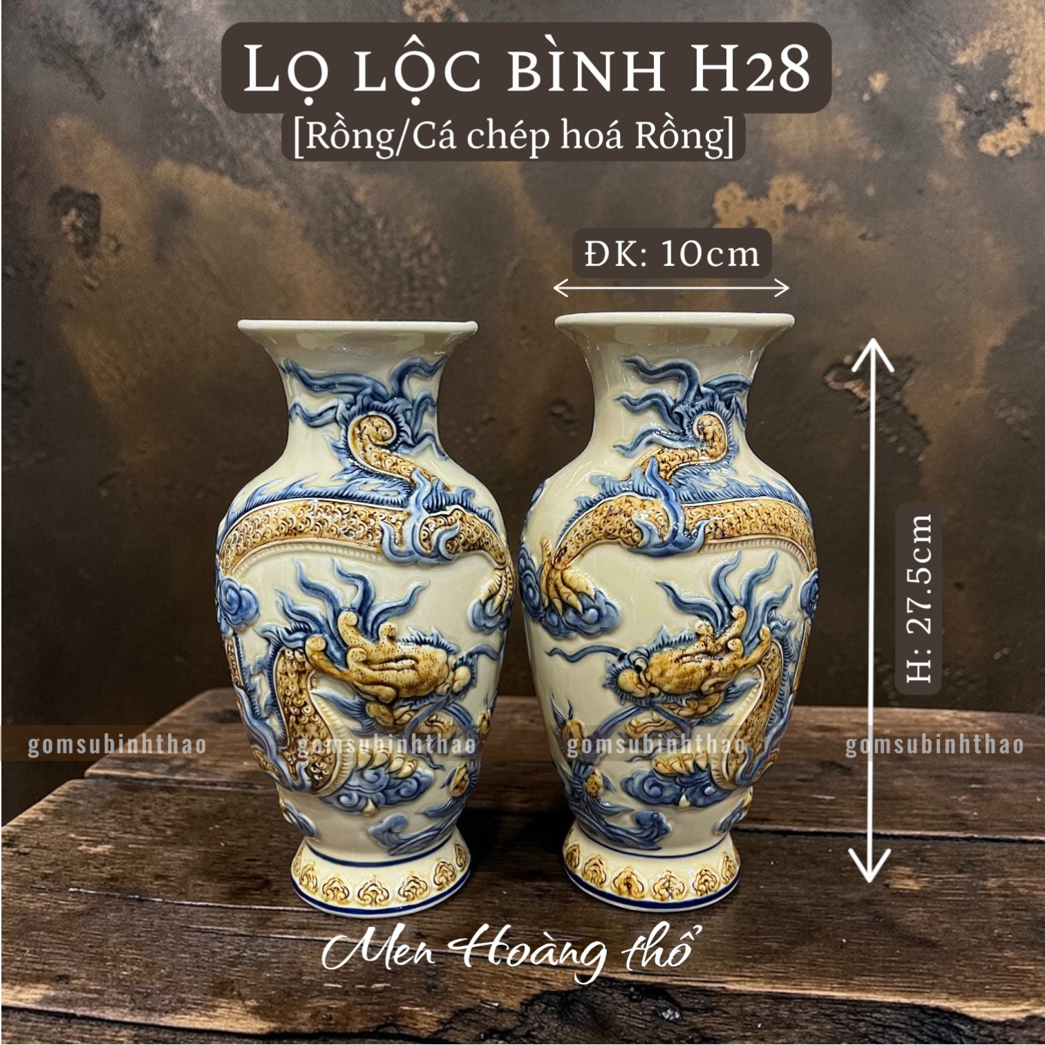  Lọ lộc bình Rồng Men hoàng thổ Đắp nổi Cao cấp - Gốm Nghệ nhân Bát Tràng 