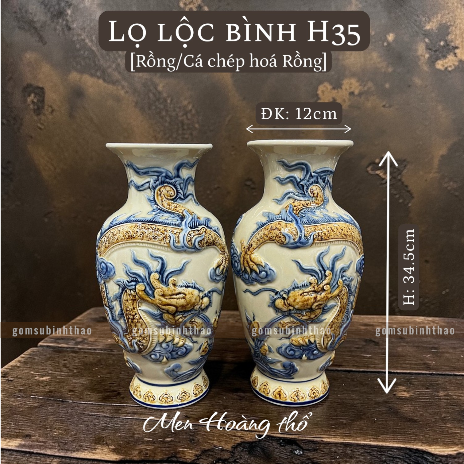  Lọ lộc bình Rồng Men hoàng thổ Đắp nổi Cao cấp - Gốm Nghệ nhân Bát Tràng 