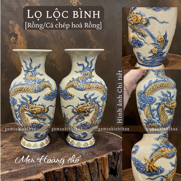  Lọ lộc bình Rồng Men hoàng thổ Đắp nổi Cao cấp - Gốm Nghệ nhân Bát Tràng 