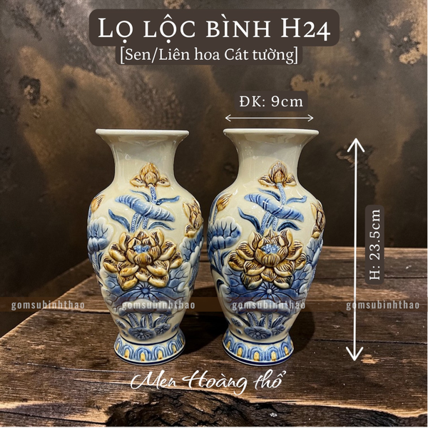  Lọ lộc bình Sen Men hoàng thổ Đắp nổi Cao cấp - Gốm Nghệ nhân Bát Tràng 