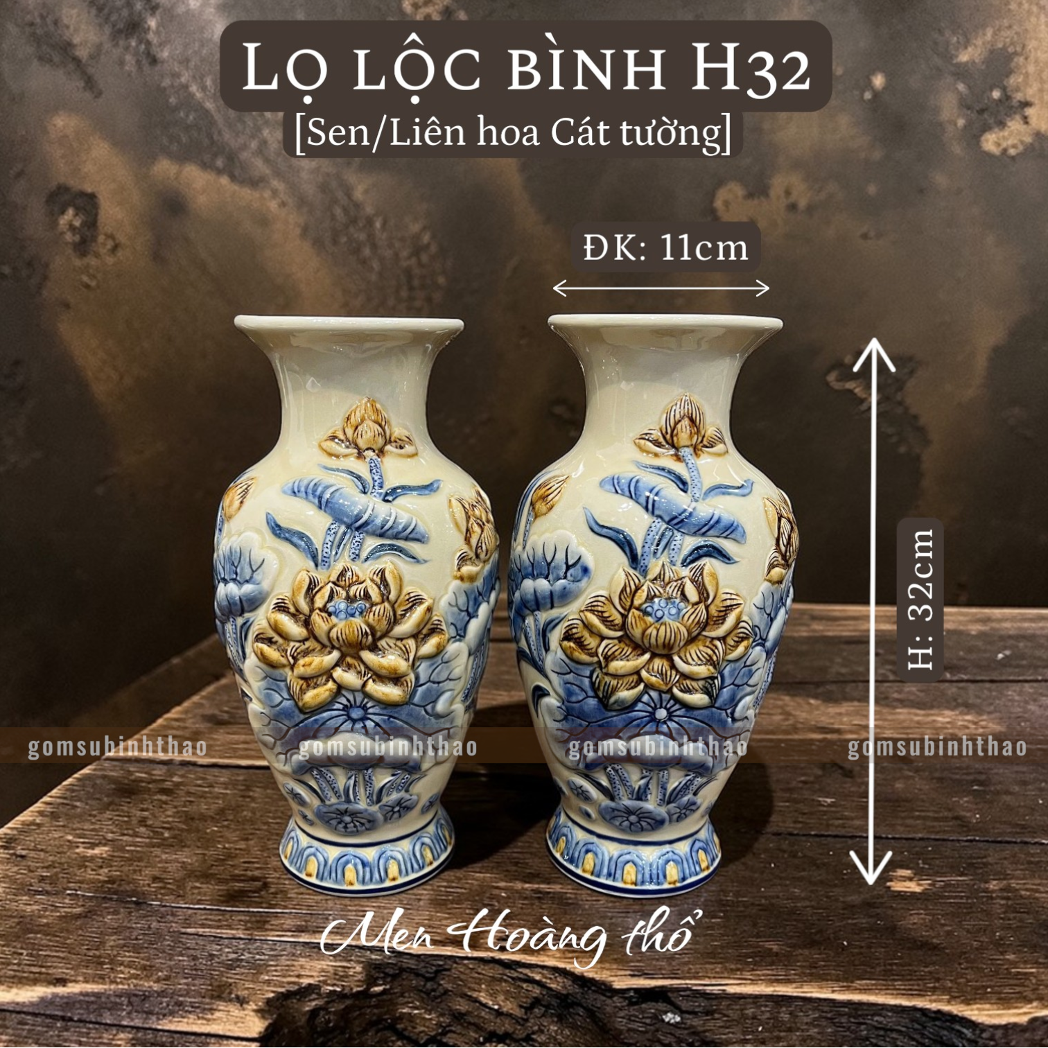  Lọ lộc bình Sen Men hoàng thổ Đắp nổi Cao cấp - Gốm Nghệ nhân Bát Tràng 