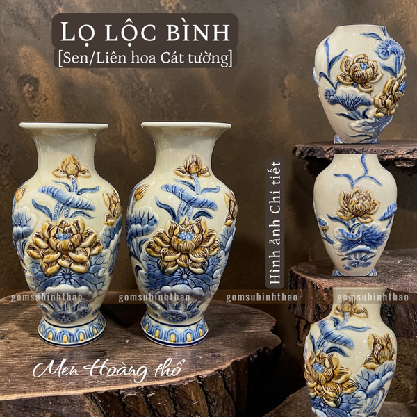  Lọ lộc bình Sen Men hoàng thổ Đắp nổi Cao cấp - Gốm Nghệ nhân Bát Tràng 