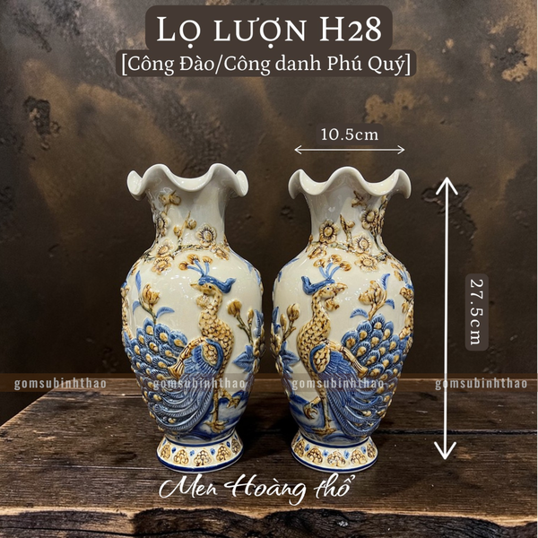  Lọ hoa miệng lượn Công đào Men hoàng thổ Đắp nổi Cao cấp - Gốm Nghệ nhân Bát Tràng 