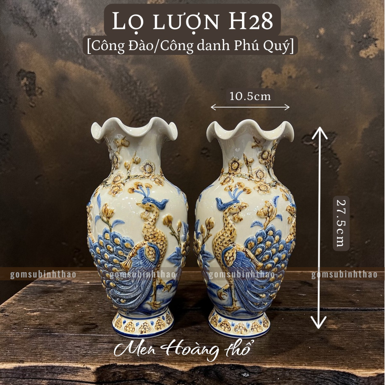  Lọ hoa miệng lượn Công đào Men hoàng thổ Đắp nổi Cao cấp - Gốm Nghệ nhân Bát Tràng 
