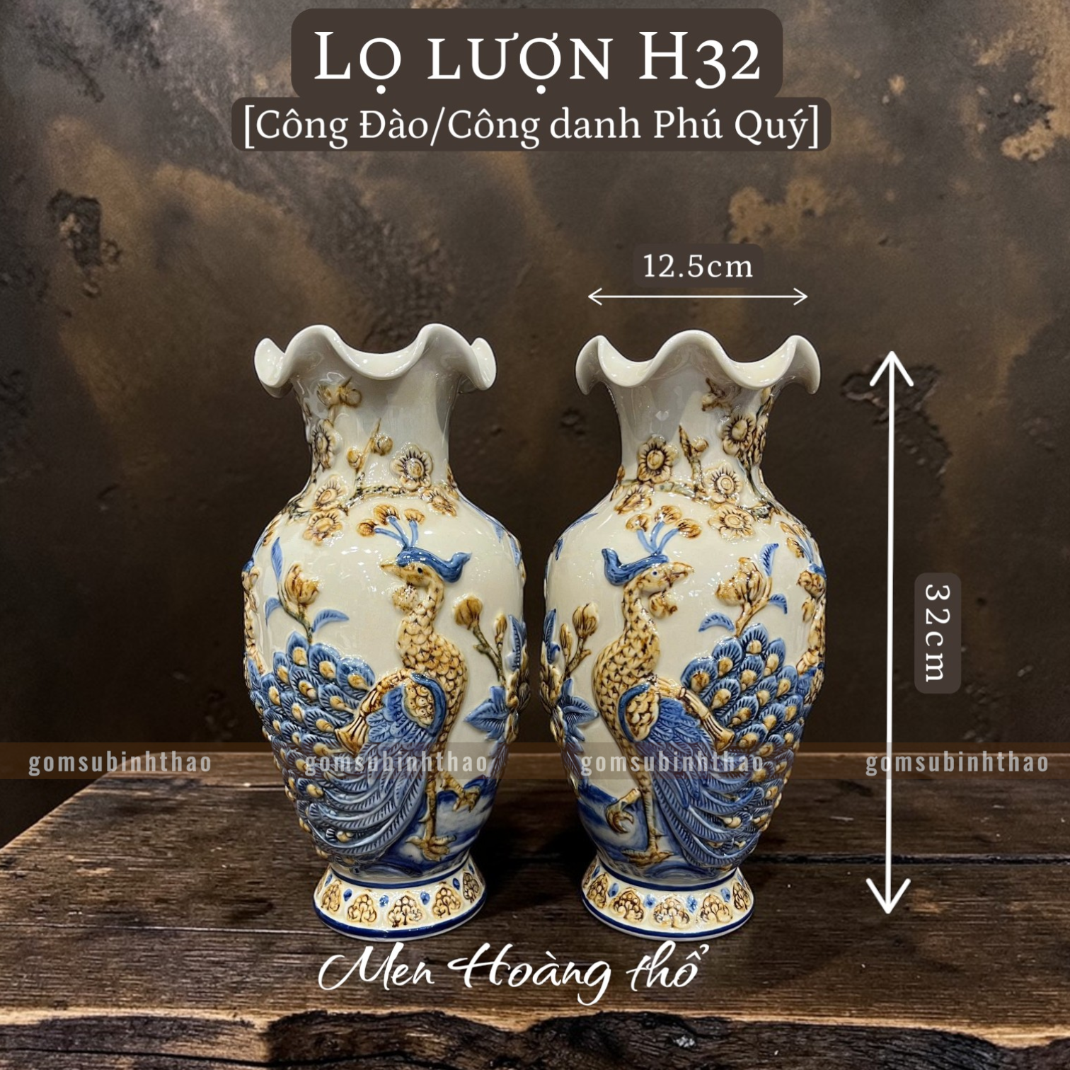  Lọ hoa miệng lượn Công đào Men hoàng thổ Đắp nổi Cao cấp - Gốm Nghệ nhân Bát Tràng 