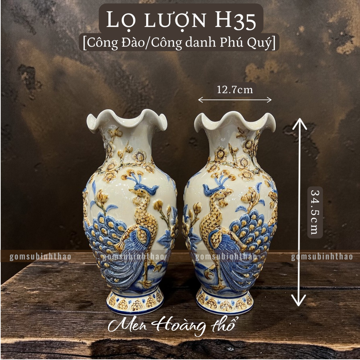  Lọ hoa miệng lượn Công đào Men hoàng thổ Đắp nổi Cao cấp - Gốm Nghệ nhân Bát Tràng 