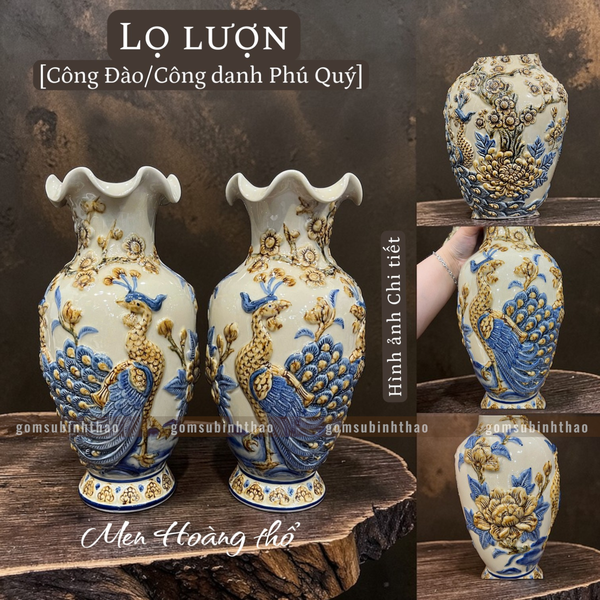  Lọ hoa miệng lượn Công đào Men hoàng thổ Đắp nổi Cao cấp - Gốm Nghệ nhân Bát Tràng 
