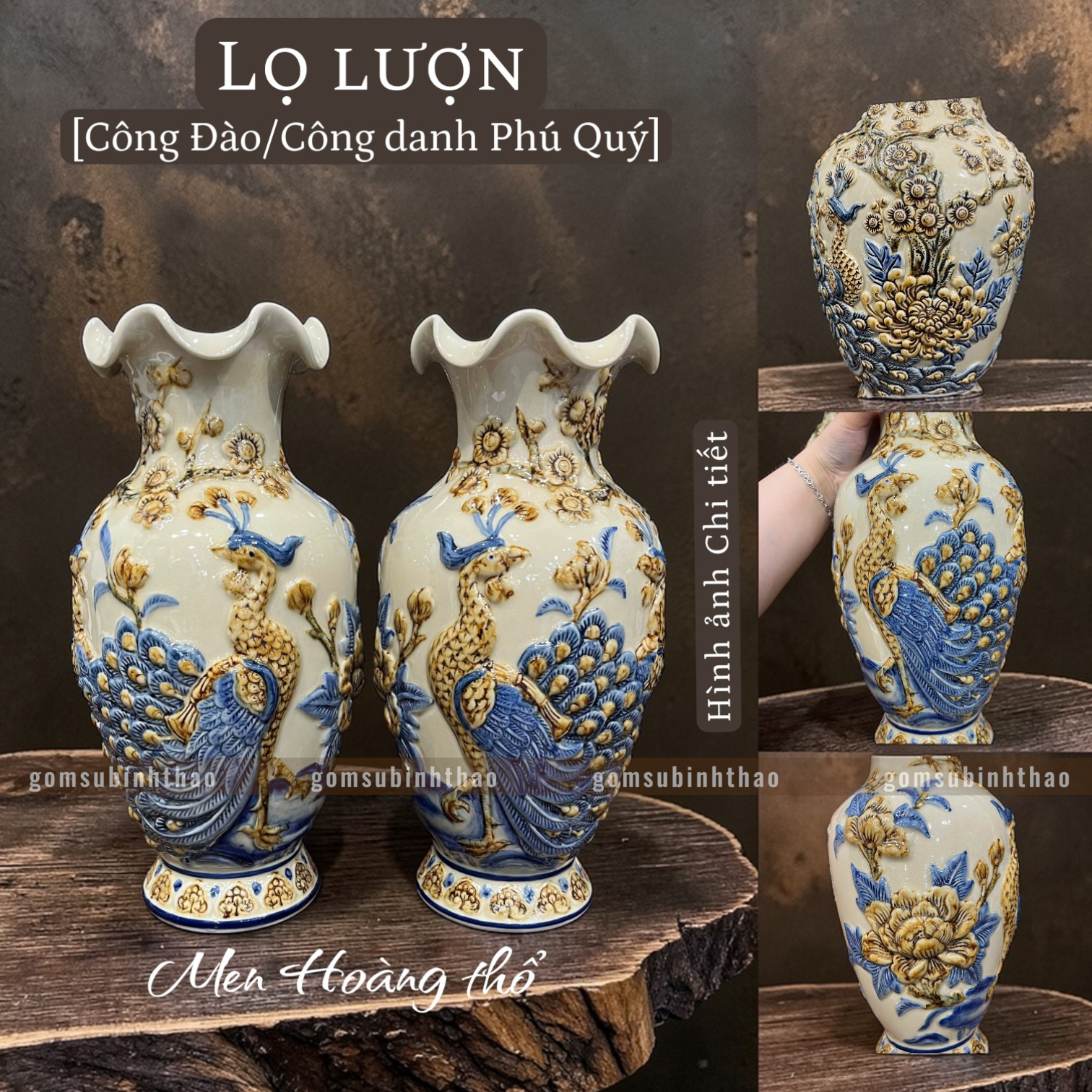  Lọ hoa miệng lượn Công đào Men hoàng thổ Đắp nổi Cao cấp - Gốm Nghệ nhân Bát Tràng 