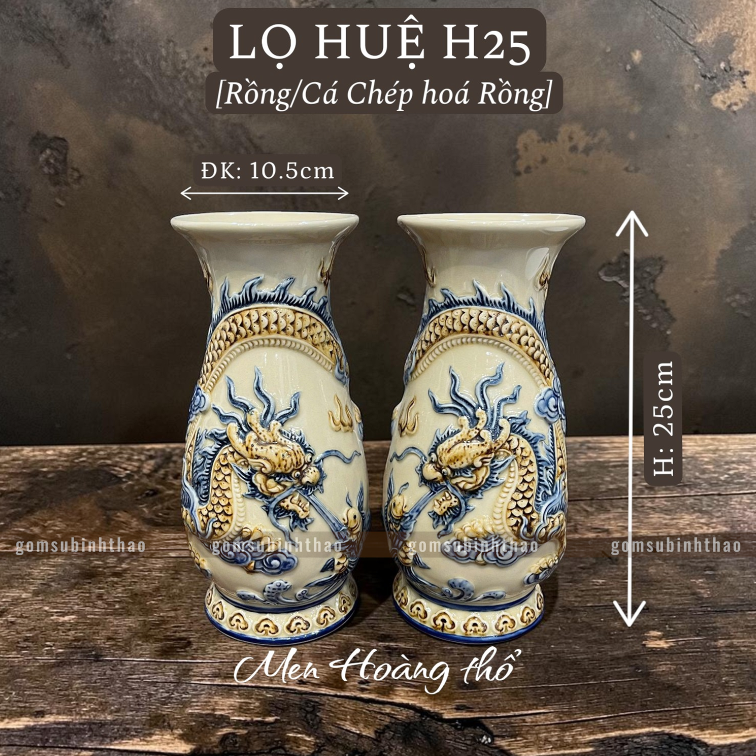  Lọ huệ Rồng Men hoàng thổ Đắp nổi Cao cấp - Gốm Nghệ nhân Bát Tràng 