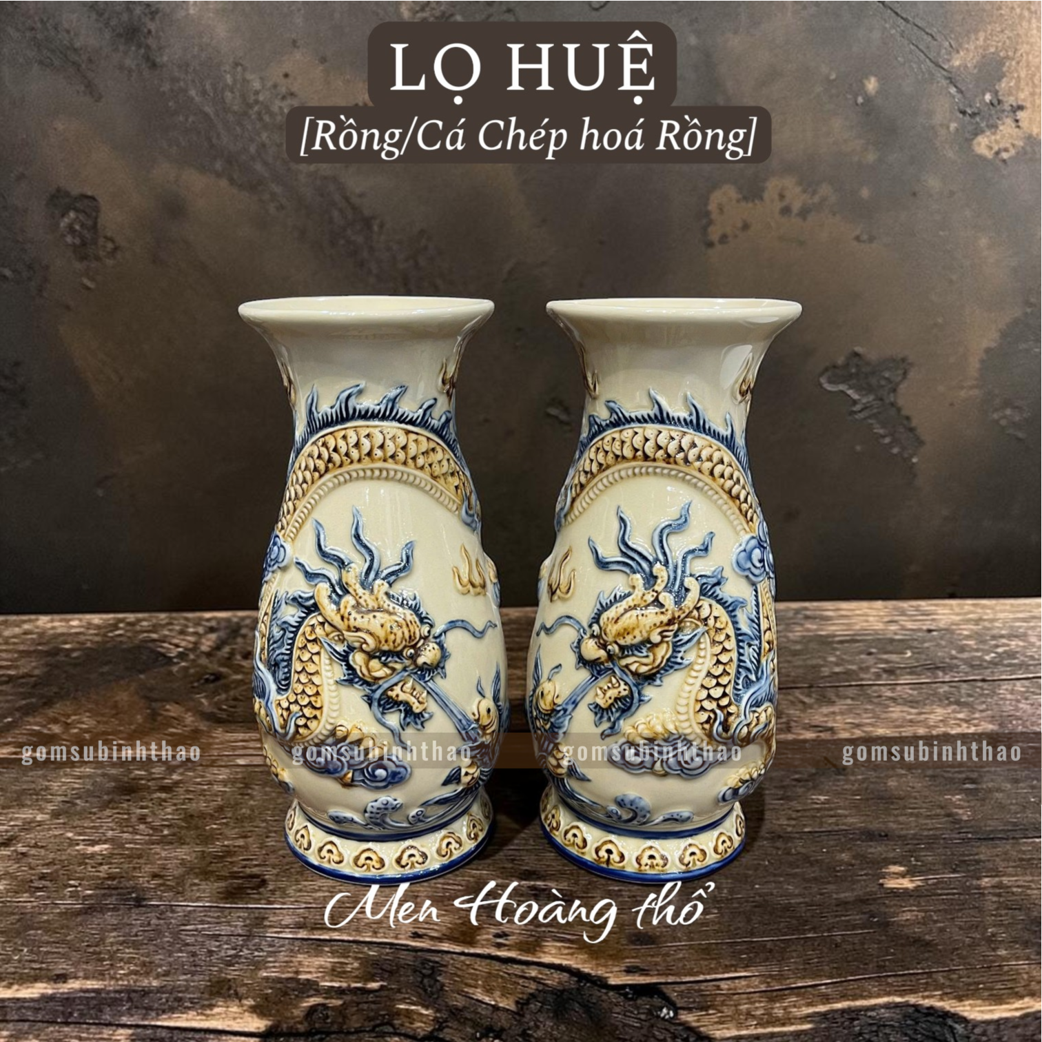  Lọ huệ Rồng Men hoàng thổ Đắp nổi Cao cấp - Gốm Nghệ nhân Bát Tràng 