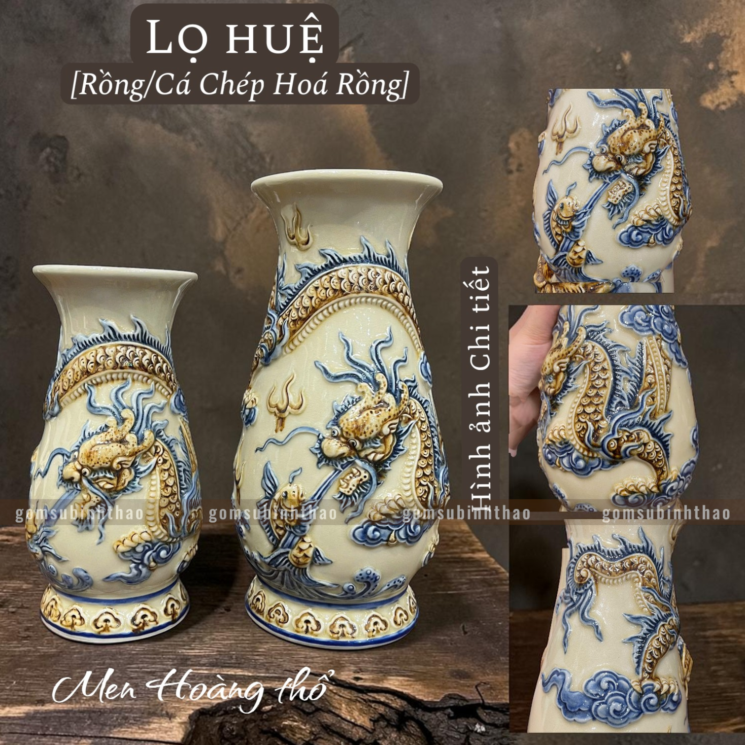  Lọ huệ Rồng Men hoàng thổ Đắp nổi Cao cấp - Gốm Nghệ nhân Bát Tràng 