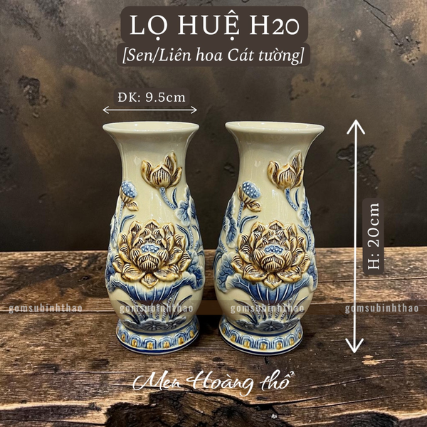  Lọ huệ Sen Men hoàng thổ Đắp nổi Cao cấp - Gốm Nghệ nhân Bát Tràng 
