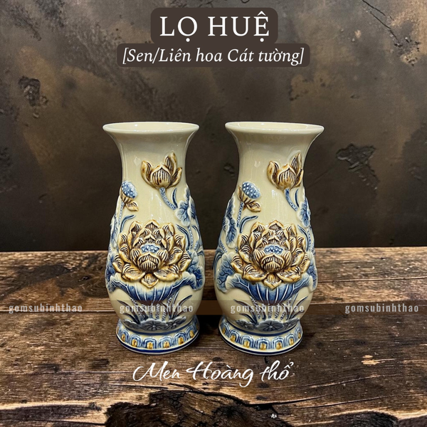 Lọ huệ Sen Men hoàng thổ Đắp nổi Cao cấp - Gốm Nghệ nhân Bát Tràng 