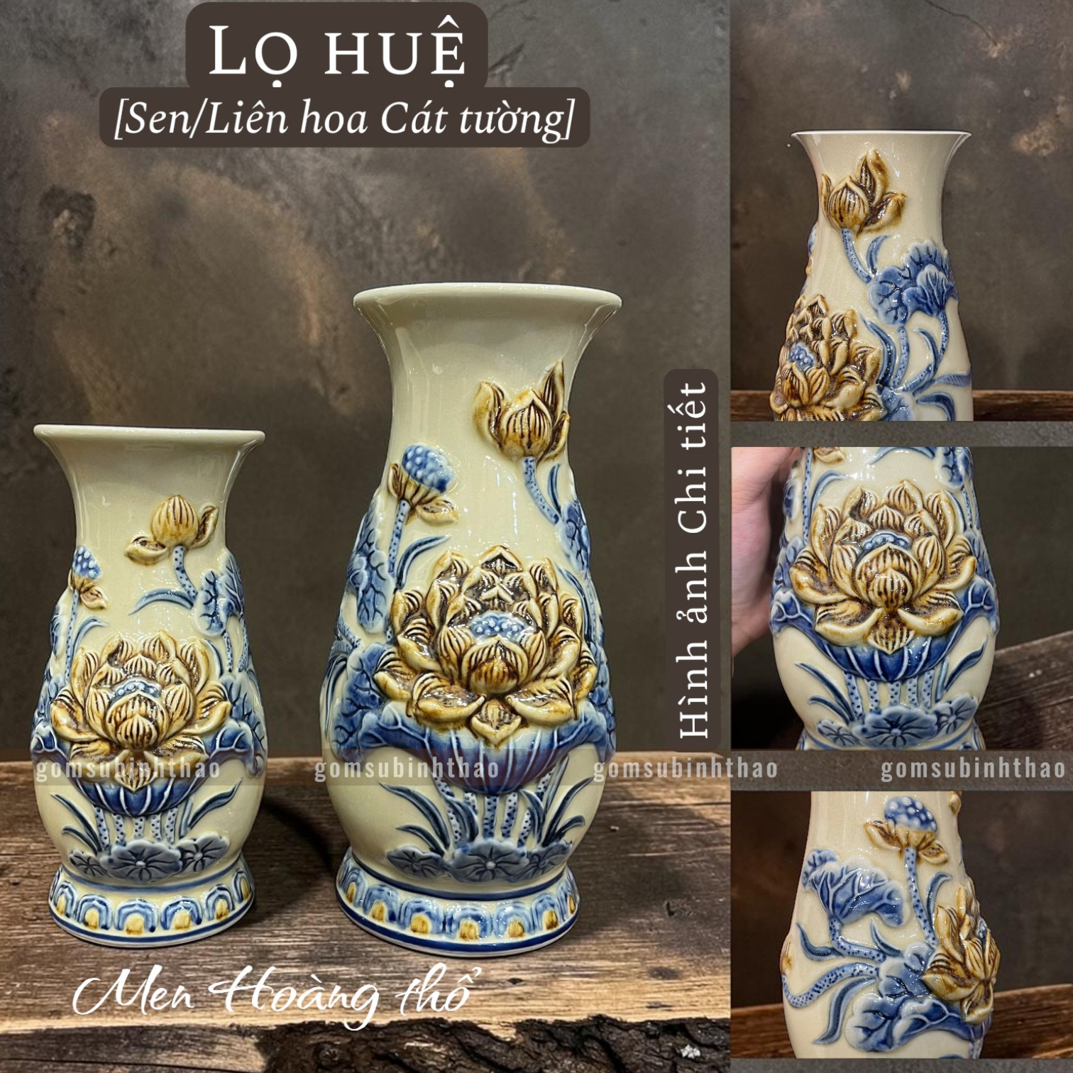  Lọ huệ Sen Men hoàng thổ Đắp nổi Cao cấp - Gốm Nghệ nhân Bát Tràng 